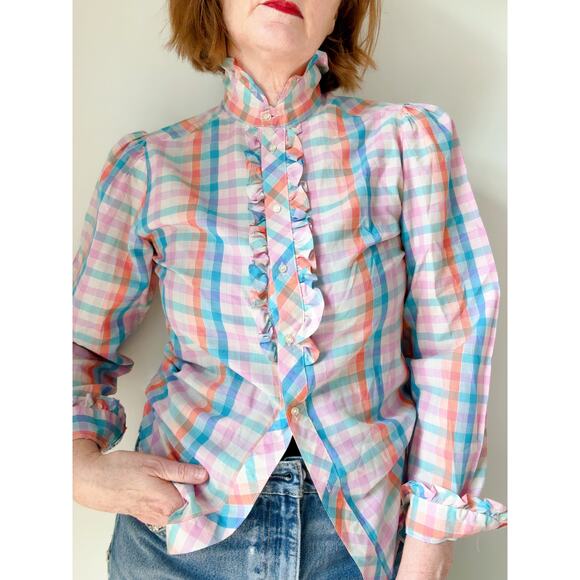 Vintage Tops - Vintage 80s Womens Plaid Ruffle Front Blouse Size Medium Twee Preppy Cottagecore
